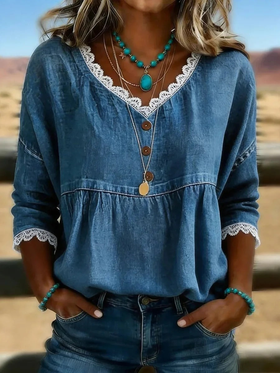 Women's Vintage Floral Print Casual Hollow-Out Denim Shirt
