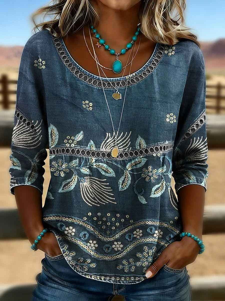 Women's Vintage Floral Print Casual Hollow Denim Shirt