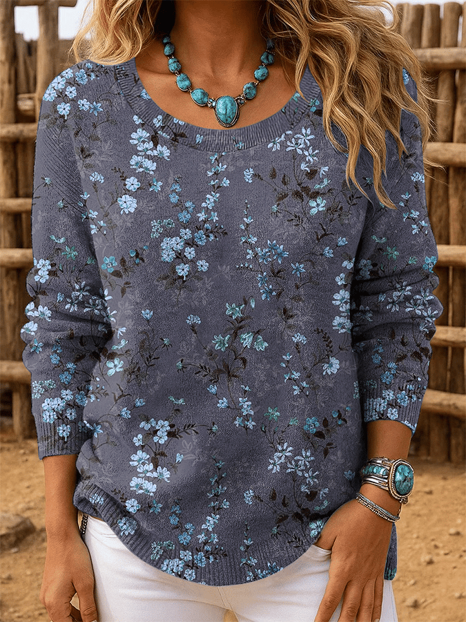 Women's Retro Western Print Crew Neck Long Sleeve Top