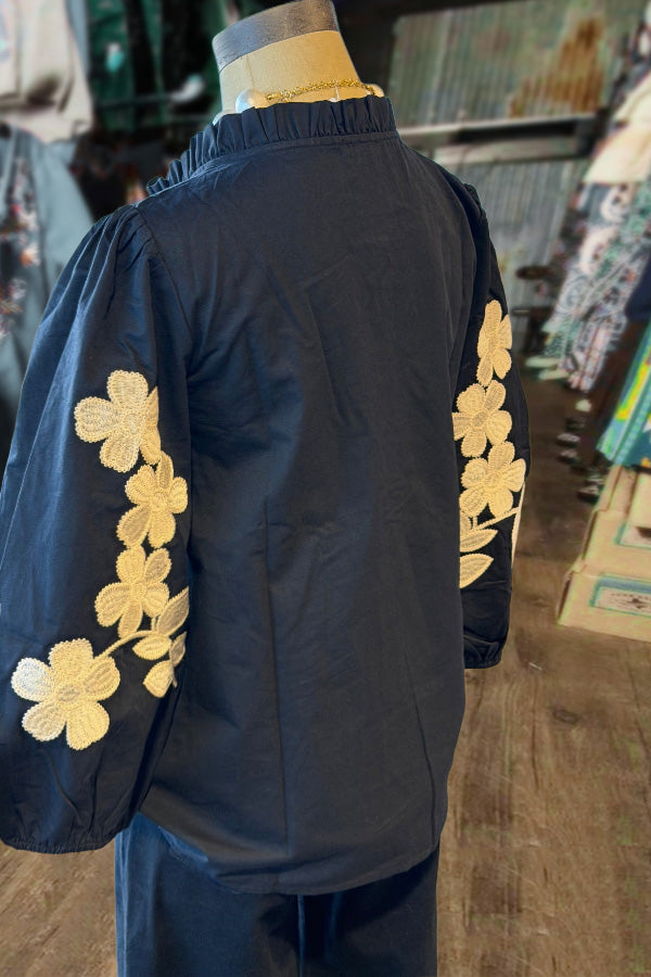 Elegant Flower Embroidered Button Up Puff Sleeve Top