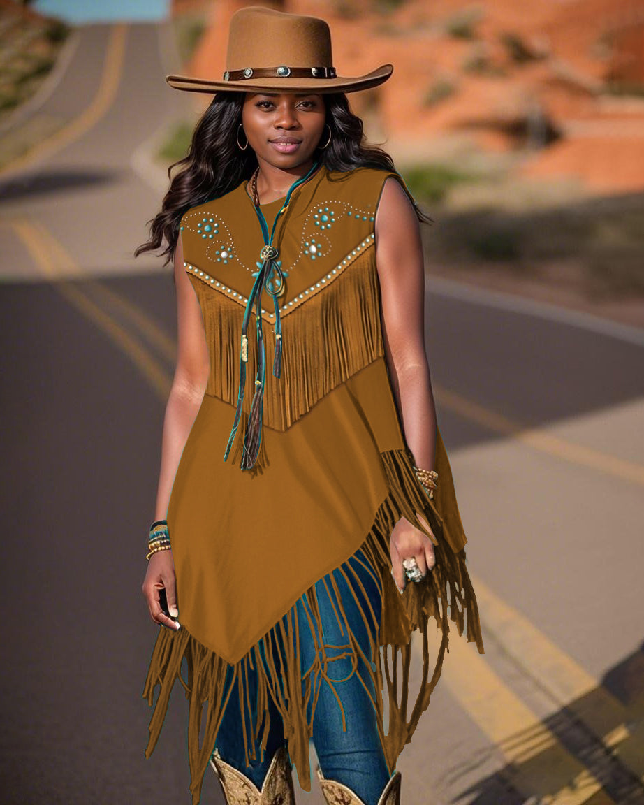 Western Sapphire Stitching Tassel Print Tassel Irregular Vest