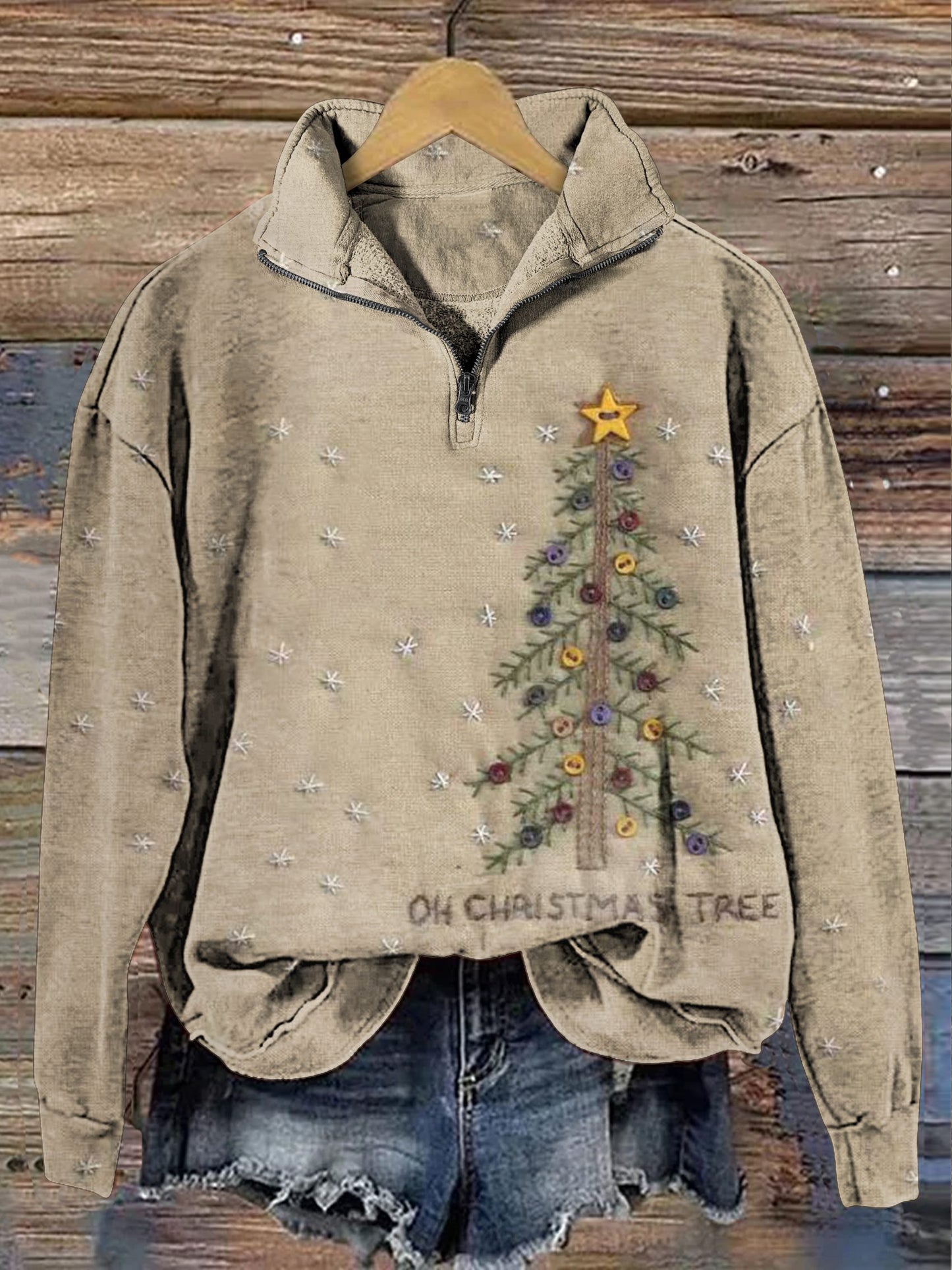 Retro Christmas Tree Casual Long Sleeve Zip Sweatshirt