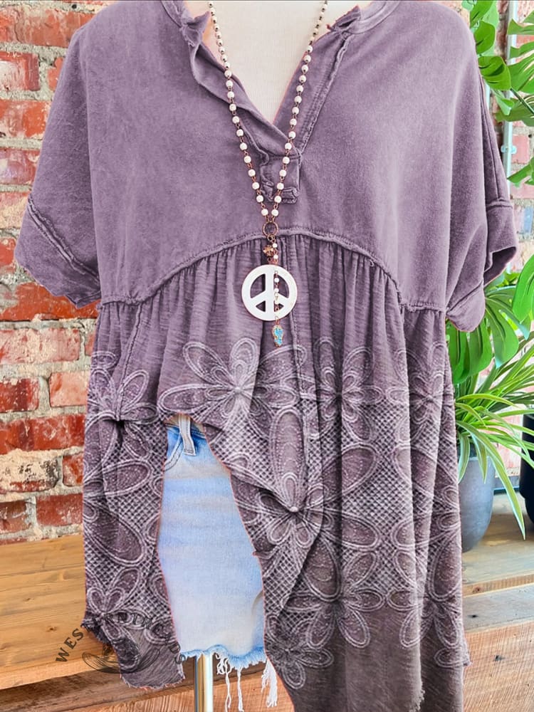 Women's Vintage Floral Print Folds V-neck T-shirt