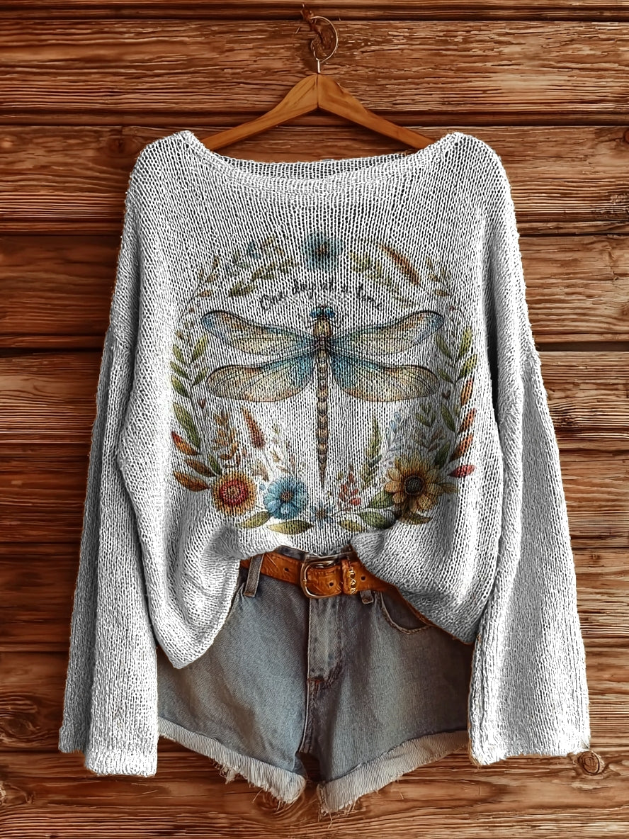 Women's Dragonfly Floral Art Print Casual Pullover Sweater