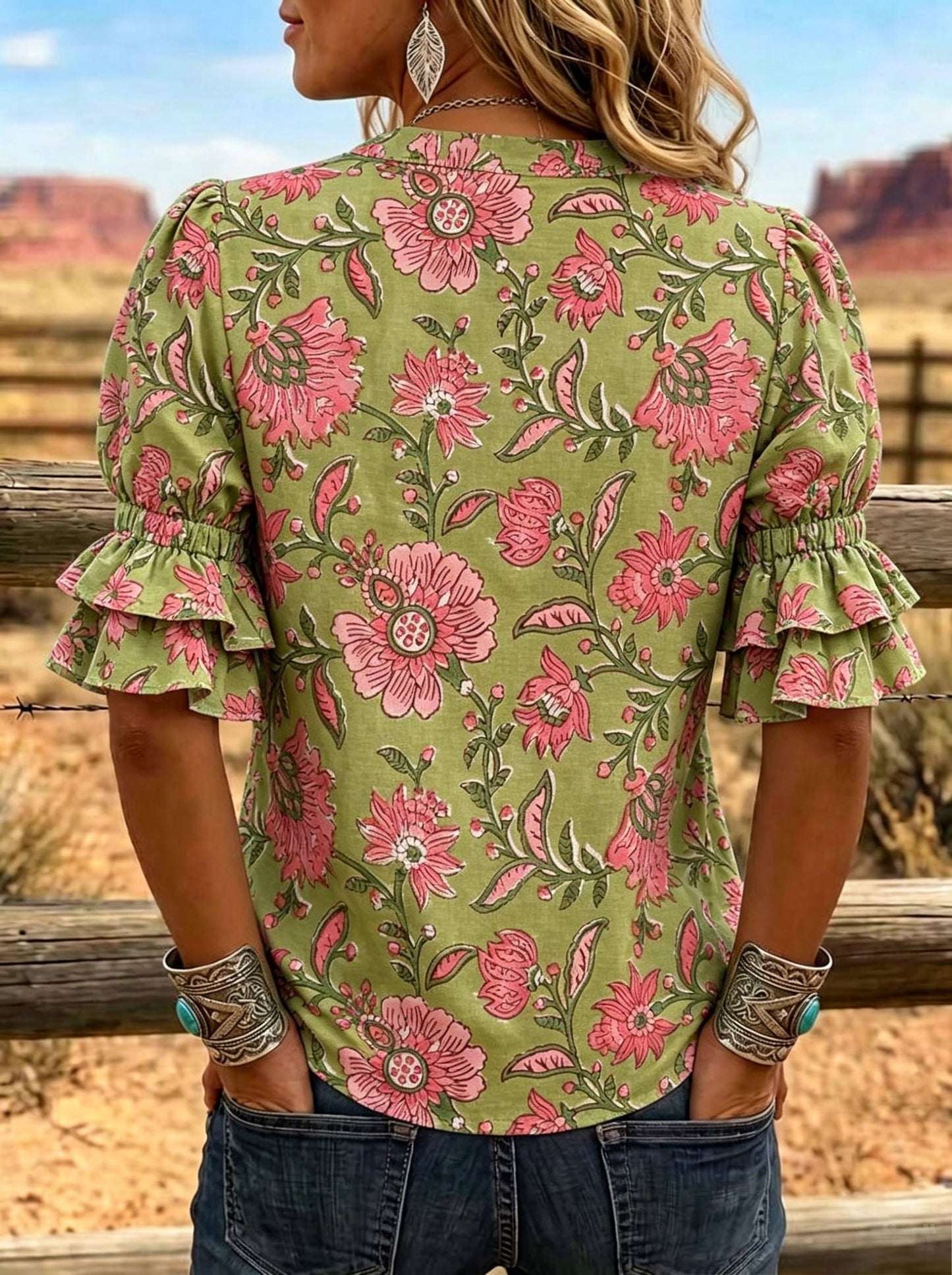 Women's Floral Print Puff Sleeve Casual Shirt