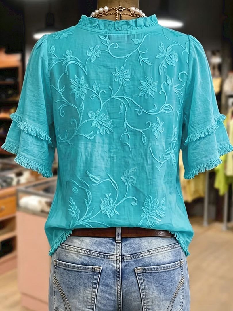 Women's Vintage Feminine Flower Jacquard Ruffle Neck Frayed Hem Cotton Top