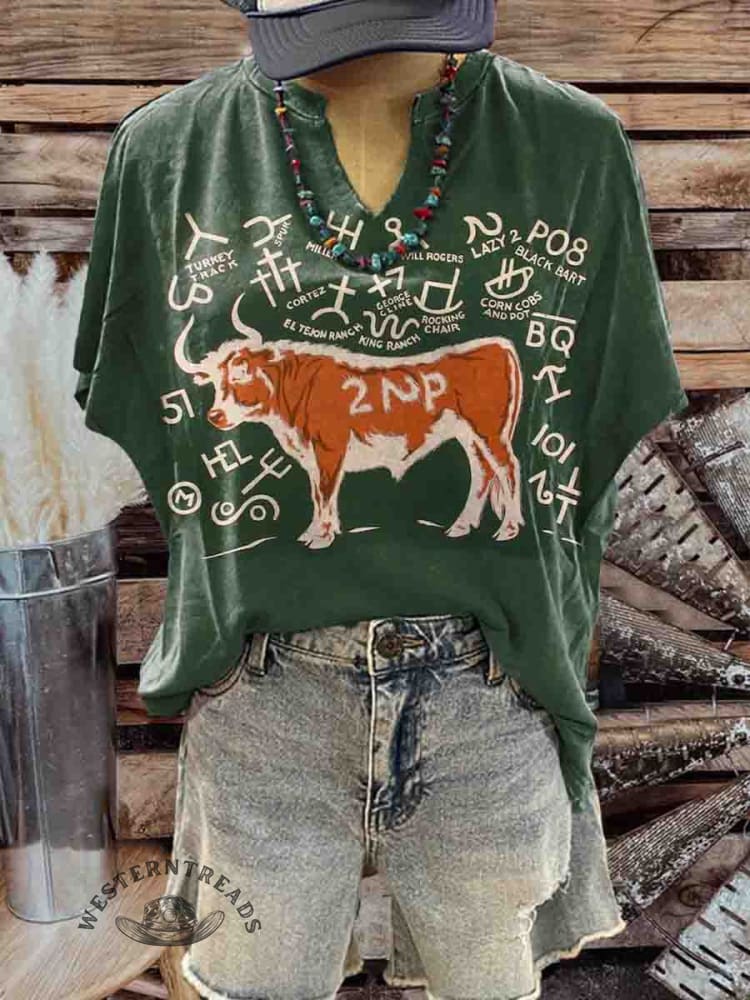 Women's V-neck Western Cattle Branding Print Casual T-Shirt