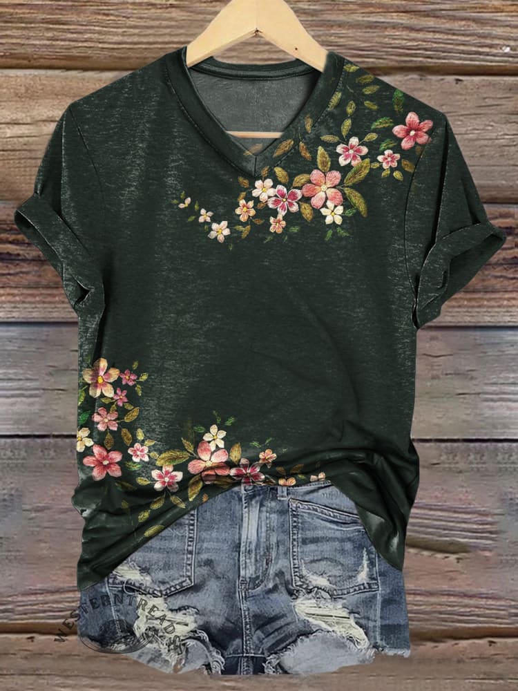Vintage Floral Print V-neck Casual T-Shirt