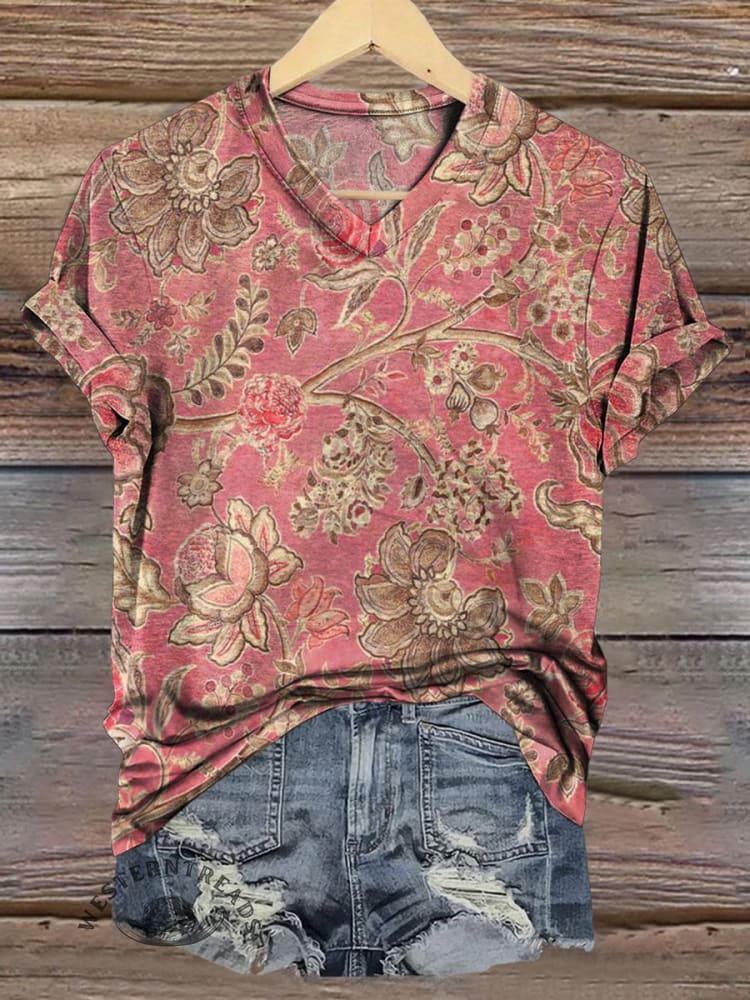 Vintage Floral Print V-neck Casual T-Shirt
