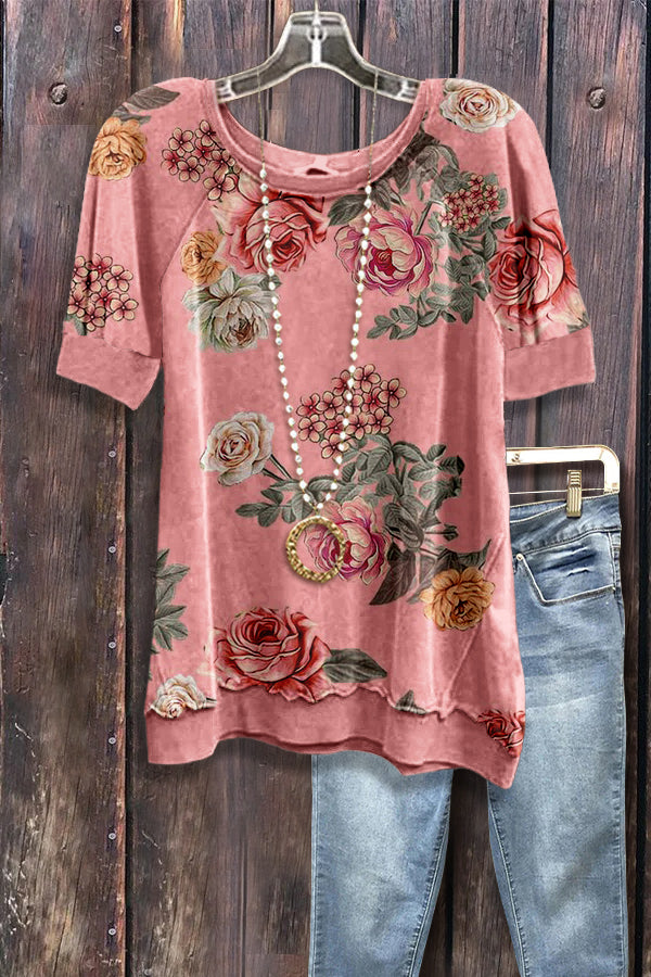 Pink Floral Print Short Sleeve Sweatshirt