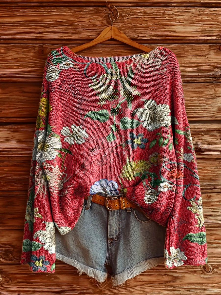 Women's Folk Flowers Art Pattern Print Casual Pullover Sweater