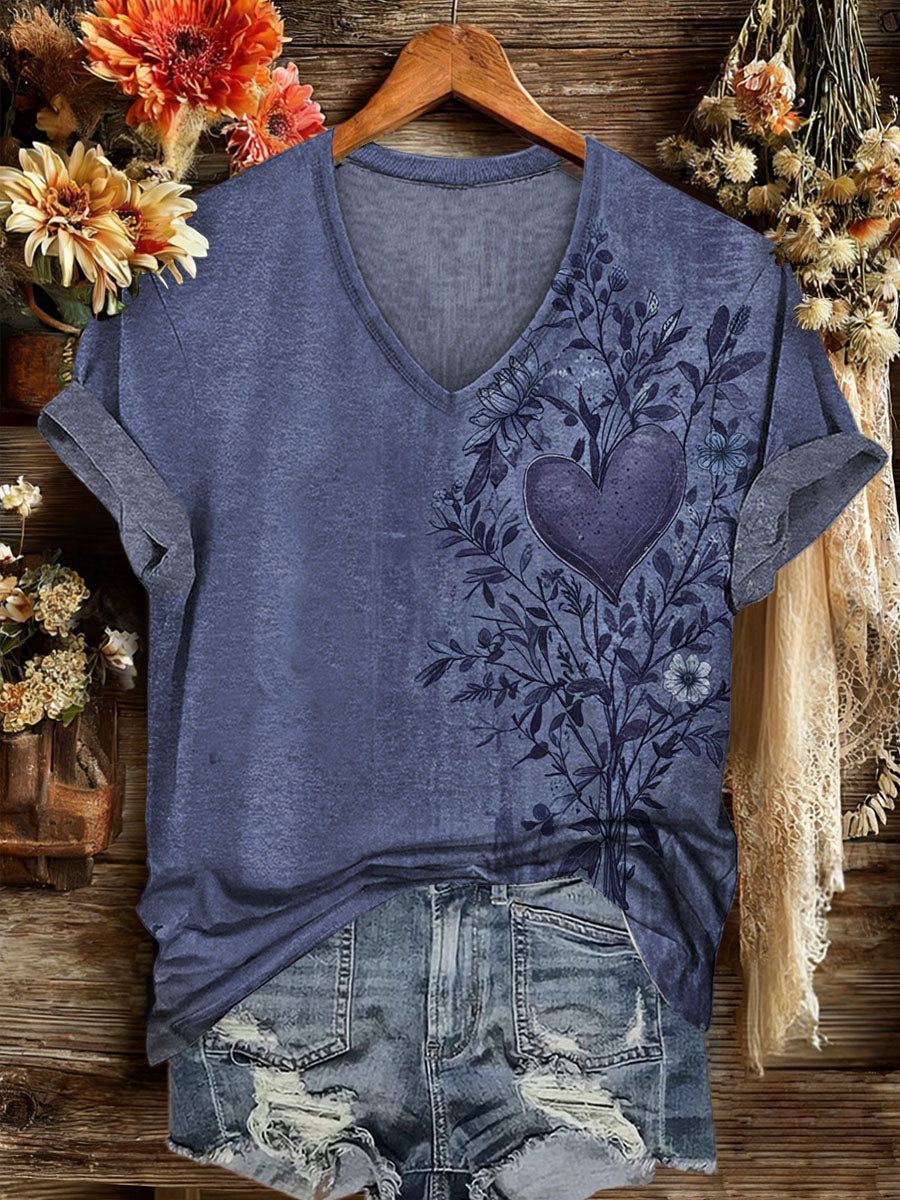 Vintage Hearts Print Casaul Short Sleeve T-shirt
