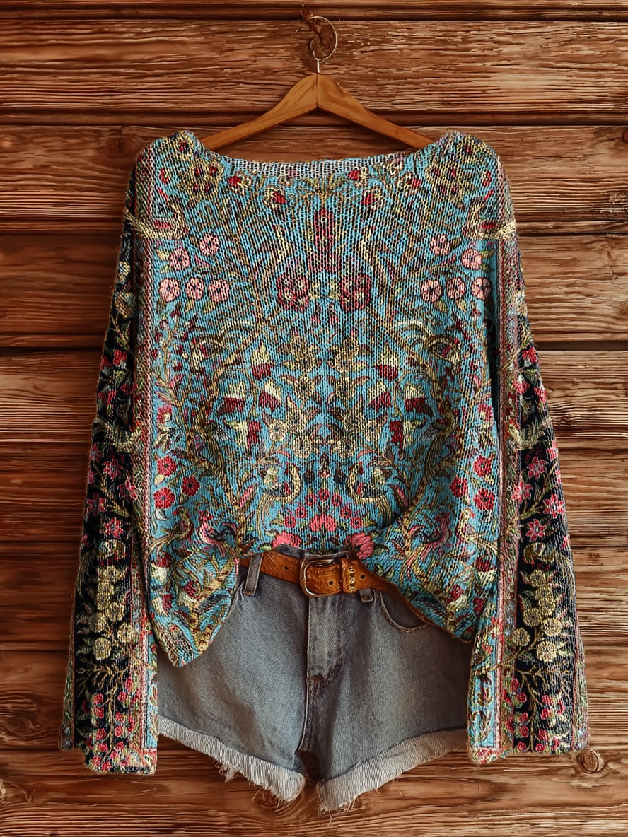 Women's Vintage Ethnic Floral Art Print Casual Pullover Sweater