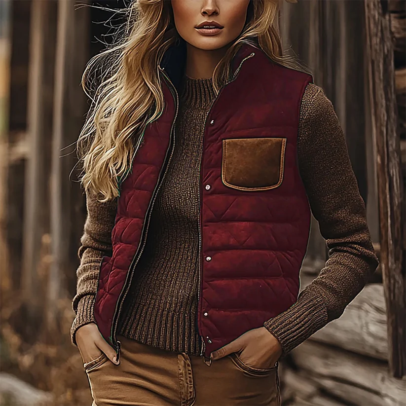 Retro Western Ethnic Cowboy Style Padded Vest Women's Zipper Stand Collar Sleeveless Jacket
