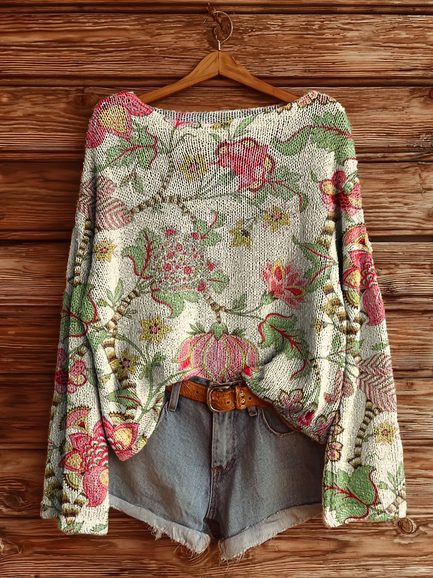 Women's Vintage Ethnic Floral Art Print Casual Pullover Sweater