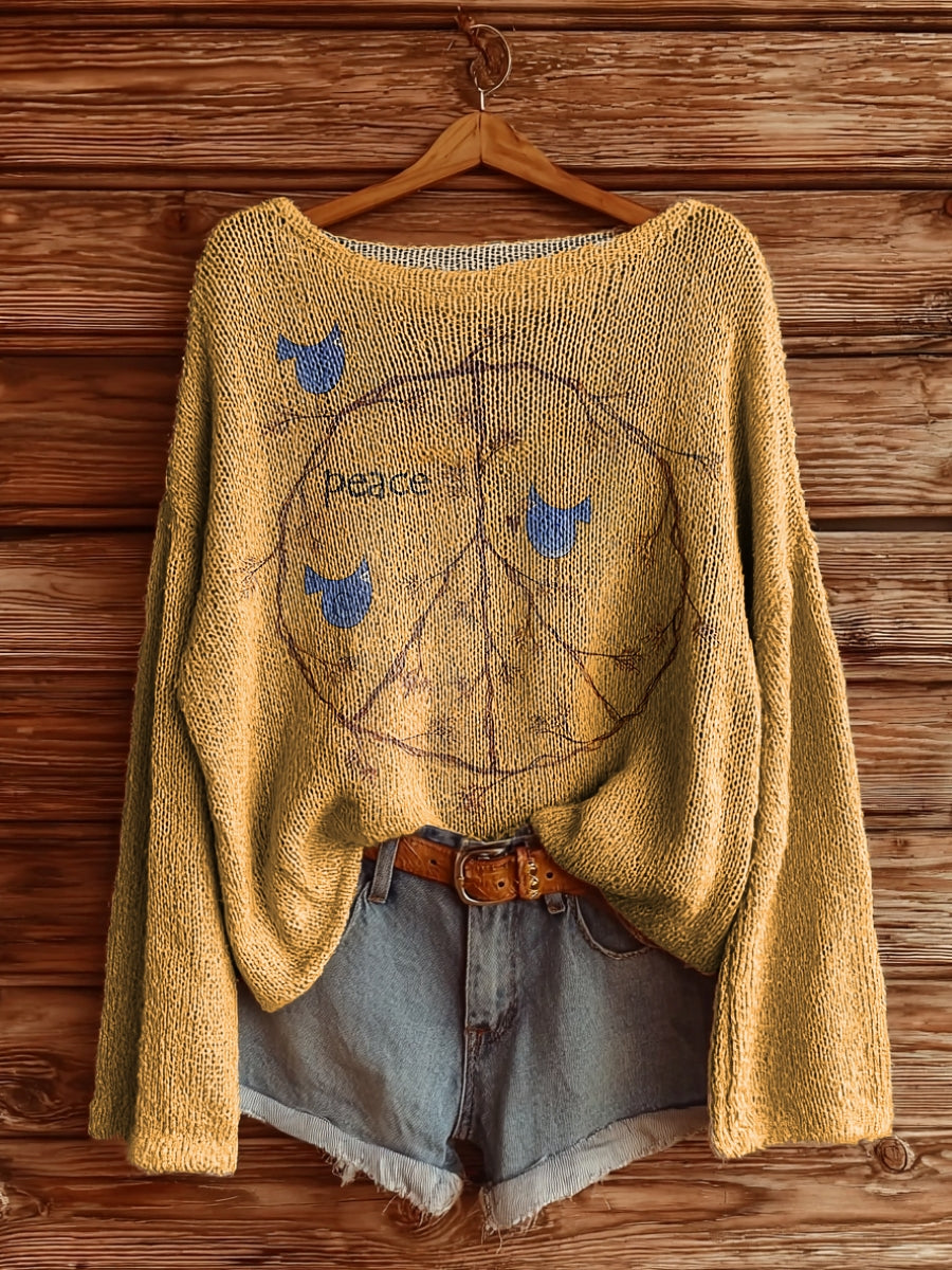 Women's Vintage Peace Love Birds Print Casual Pullover Sweater