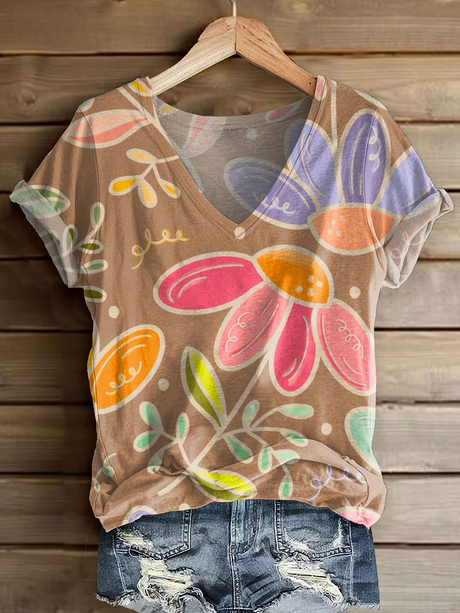 Women's Bohemian Floral Bee Art Print V-neck Casual T-Shirt