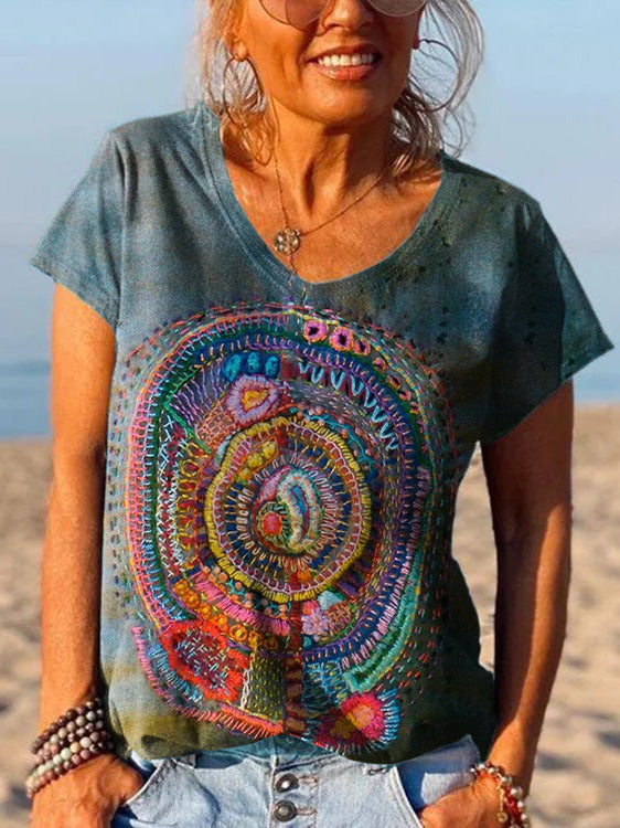 Vintage Embroidered Print Art Fashion Loose Short Sleeve T-Shirt