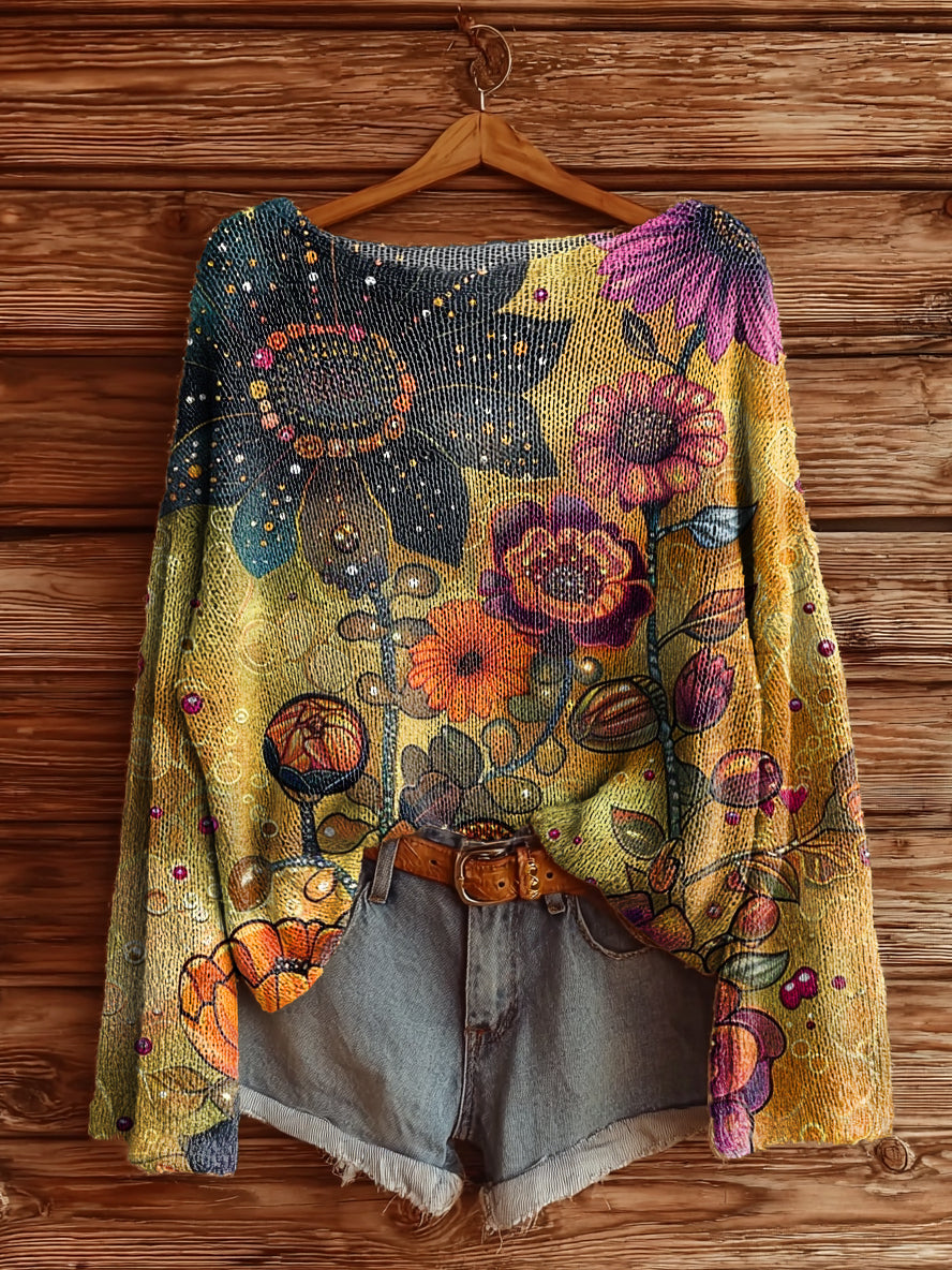 Women's Vintage Bohemian Floral Art Print Casual Pullover Sweater