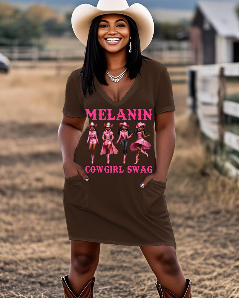 Melanin Cowgirl Swag Casual V-neck Pocket Dress