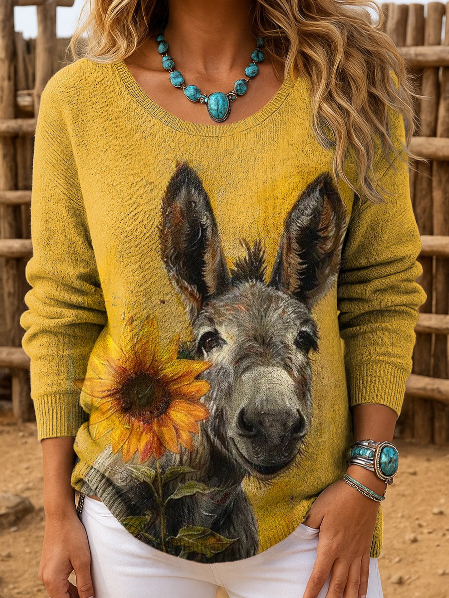 Cute Donkey and Sun Flower Prints Casual Cotton Sweatshirt