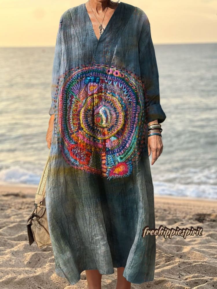 Women's Vintage Embroidered Floral Totem Art Print Casual Long Sleeve T-shirt