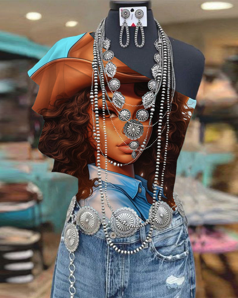 One Shoulder Ruffle Sleeve Black Cowgirl Print Top