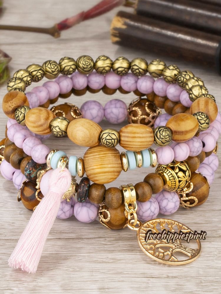 Ethnic Multi Layered Wooden Beads Stretch String Bracelet