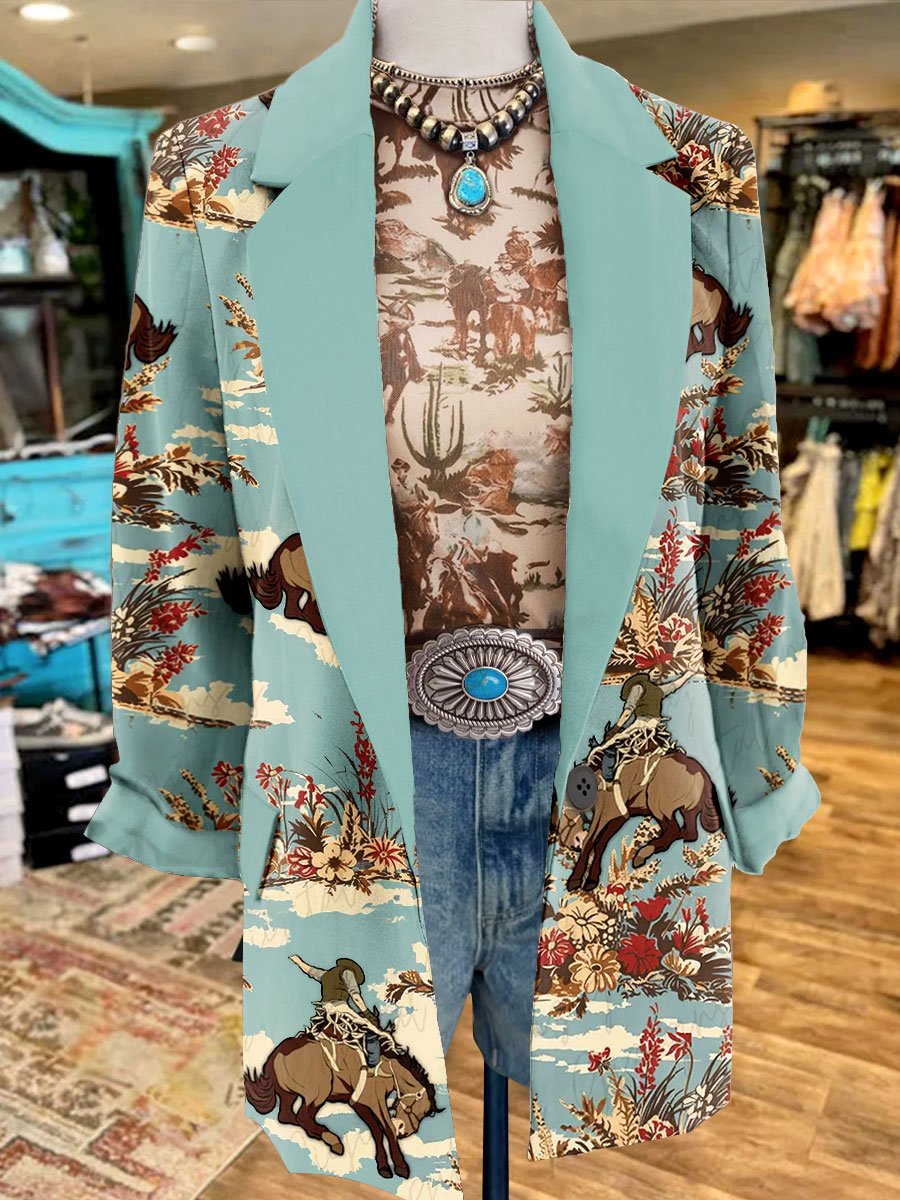 Women's Vintage Wild West Cowboy Print 3/4 Sleeve Casual Blazer