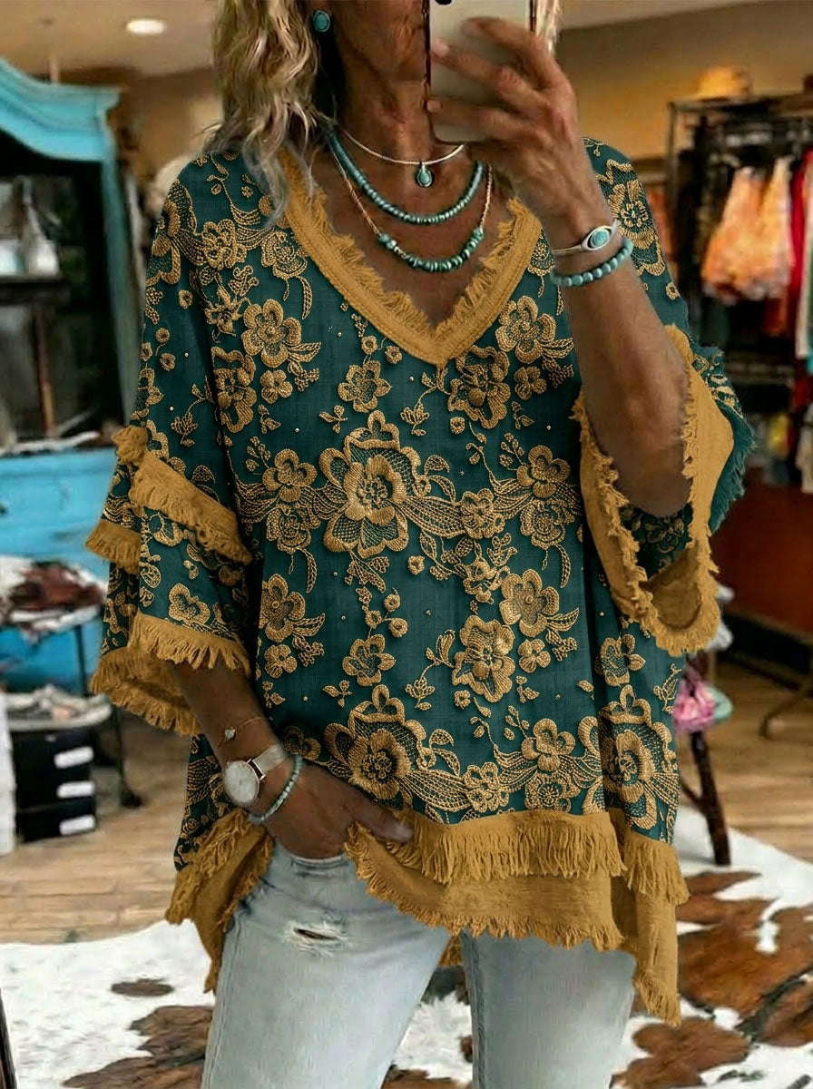 Vintage Floral Print Patchwork Cotton And Linen Shirt