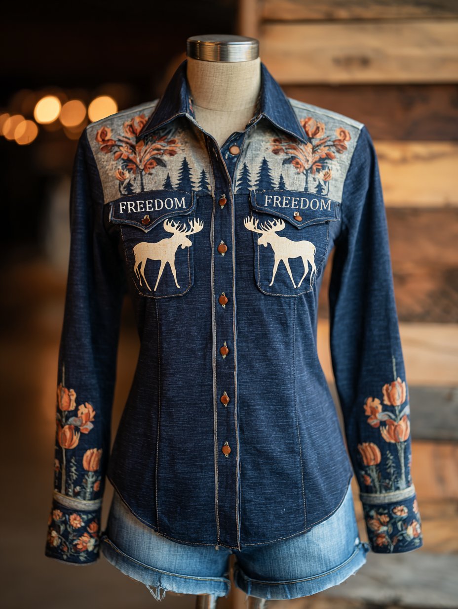 Women's Vintage Christmas Floral FREEDOM Western Double Pocket Shirt