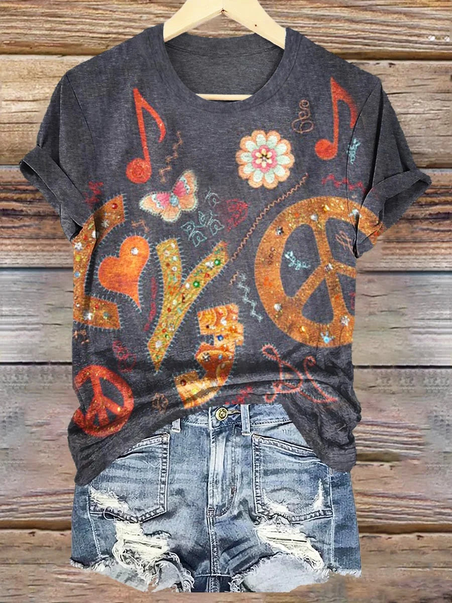 Women's Vintage Hippie Peace Love Print Casual 100% Cotton Wide Leg Jumpsuit