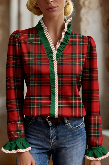 Casual Plaid Ruffle Neck Long Sleeve Top