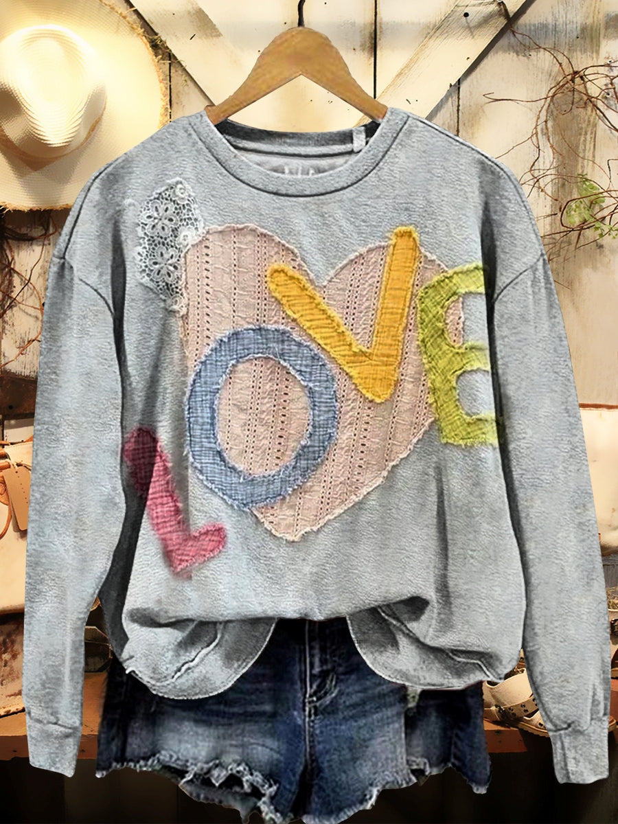 Women's Valentine's Day Vintage Love Patchwork Pattern Print Crew Neck Sweatshirt