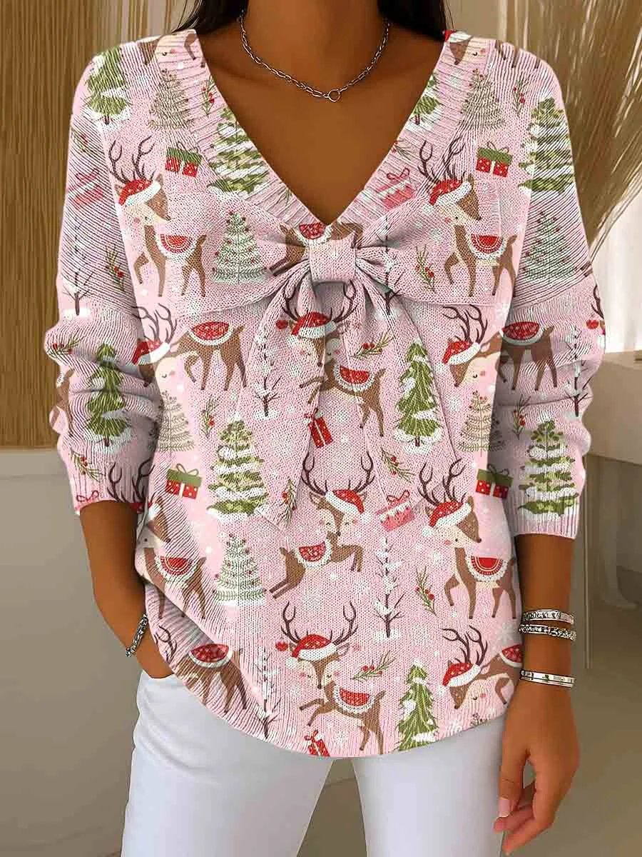 Women's Christmas Print Bowknot V-Neck Long Sleeve Casual Pullover