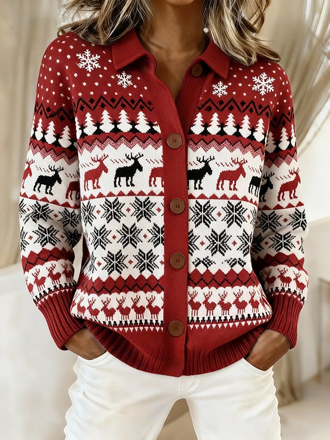 Women's Vintage Christmas Printed Casual Cardigan