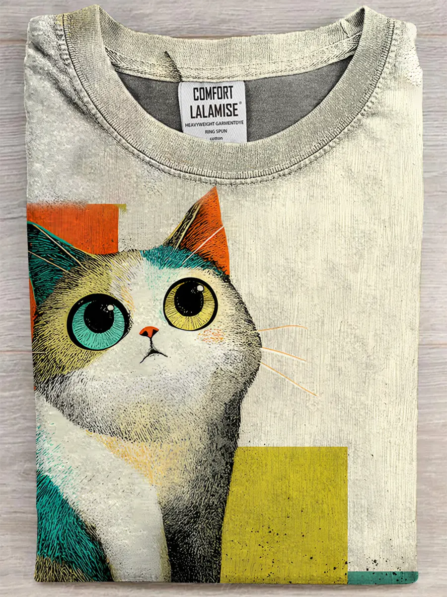 Retro Cat Fun Art Print Casual Pure Cotton Short Sleeved T-shirt