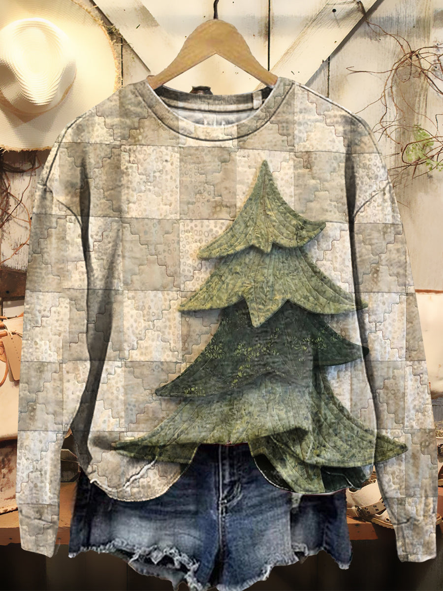 Women's Vintage Christmas Tree Collage Art Pattern Print Casual Crew Neck Sweatshirt