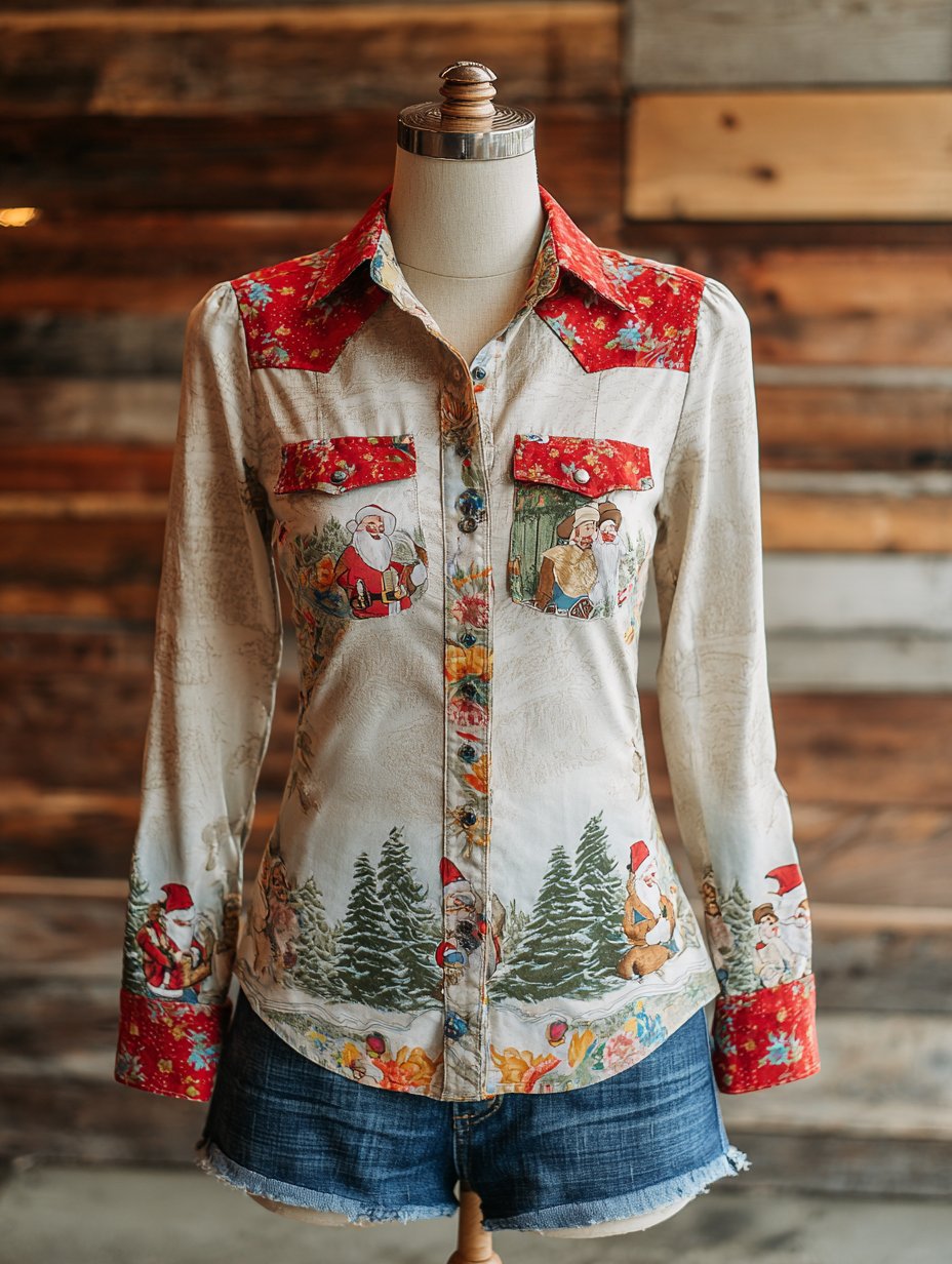 Women's Vintage Christmas Floral Western Double Pocket Shirt
