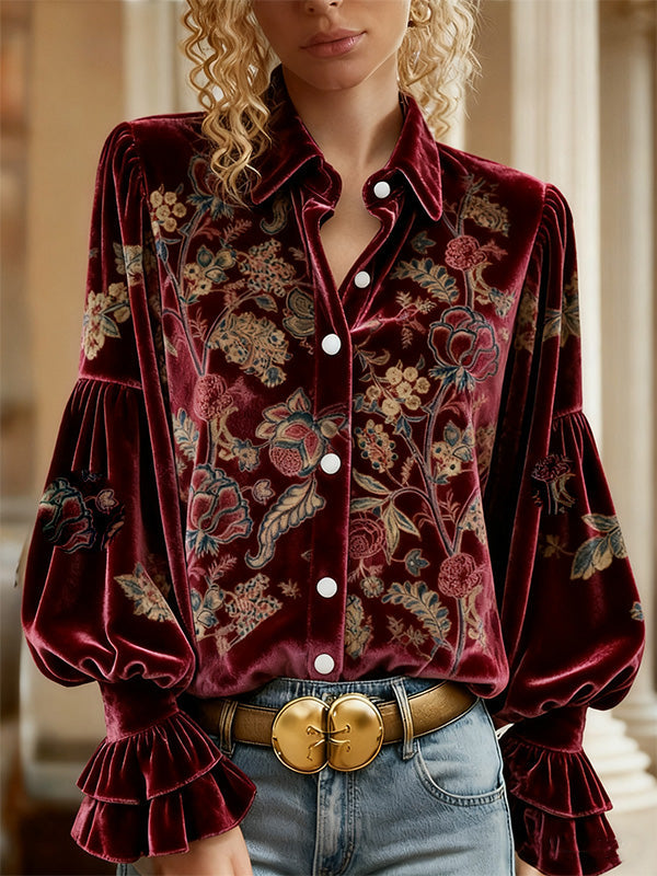 Vintage Floral Print Velvet Top