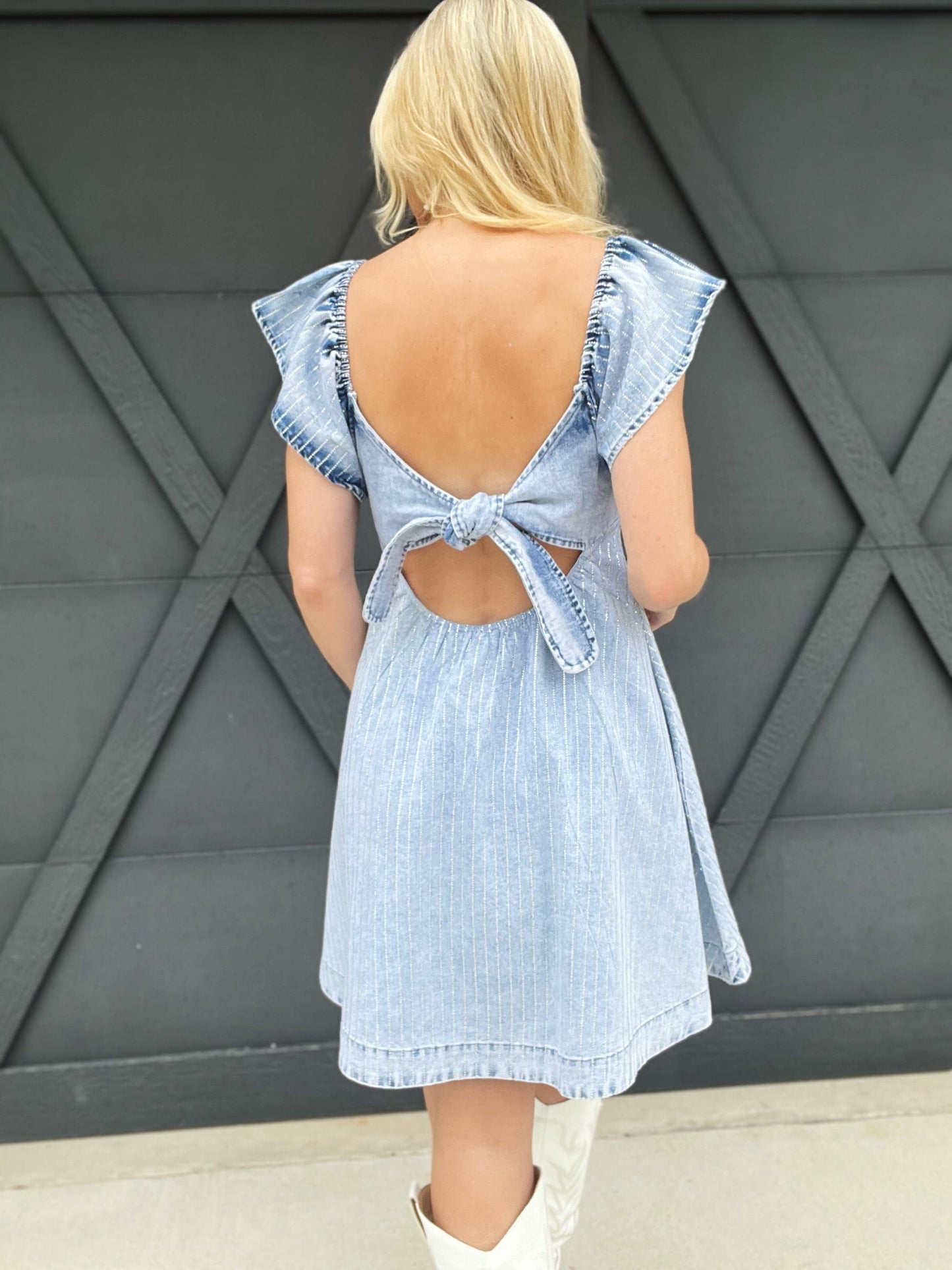 Light Wash Ruffle Embellished Stripe Flare Denim Dress
