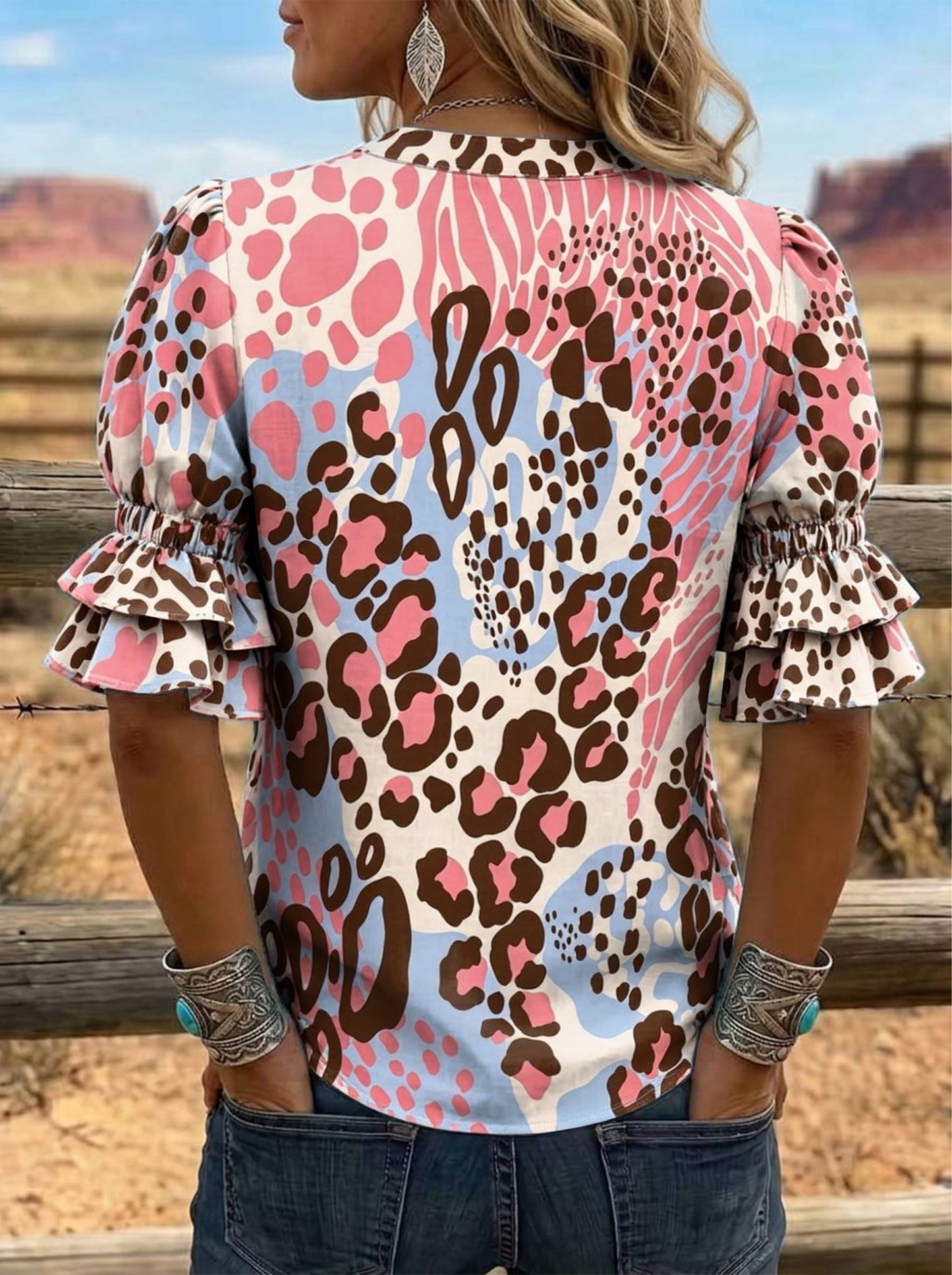 Women's Leopard Print Puff Sleeve Casual Shirt