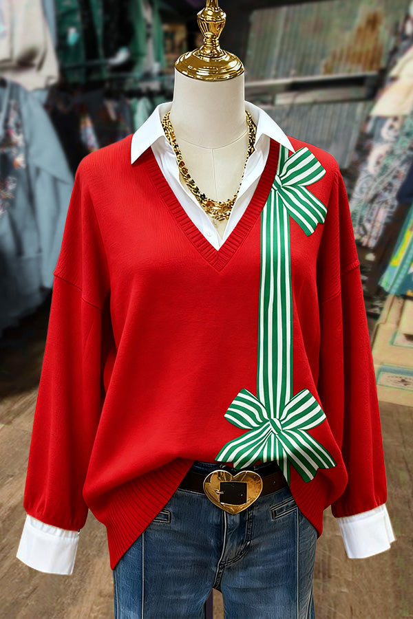 Christmas Bow Stripe Print Fake Collar Long Sleeve Sweater