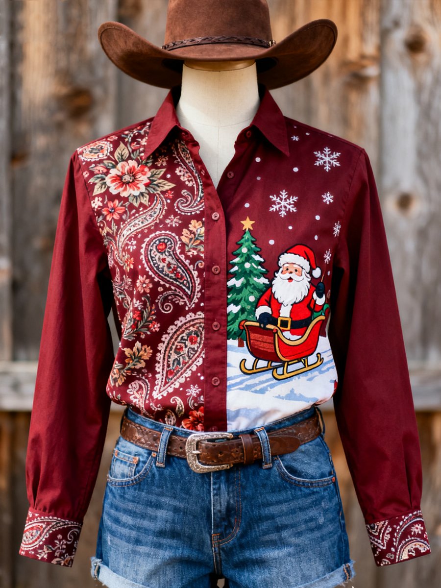 Women's Vintage Paisley Floral Christmas Santa Print Western Long Sleeve Shirt