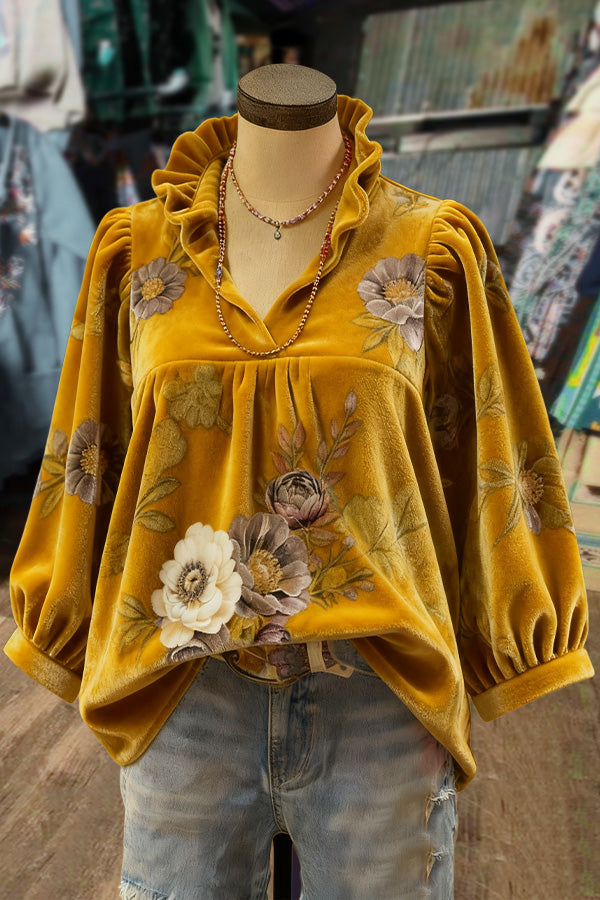 Vintage Floral Print Ruffle V-Neck Puff Sleeve Top