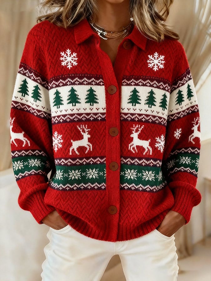 Women's Vintage Christmas Printed Casual Cardigan