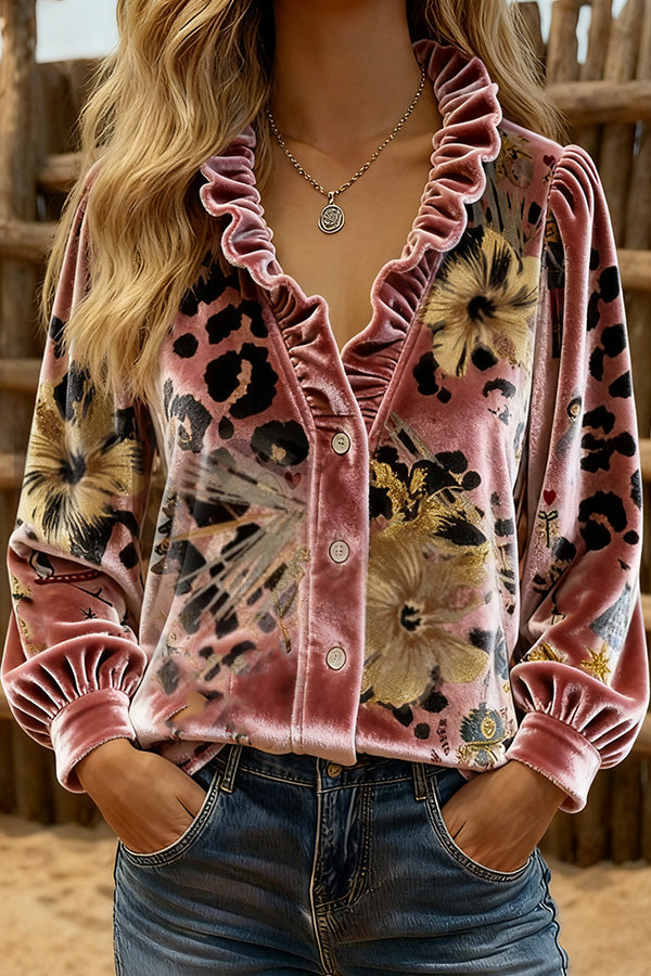 Chic Leopard Floral Print Ruffle Neck Velvet Top