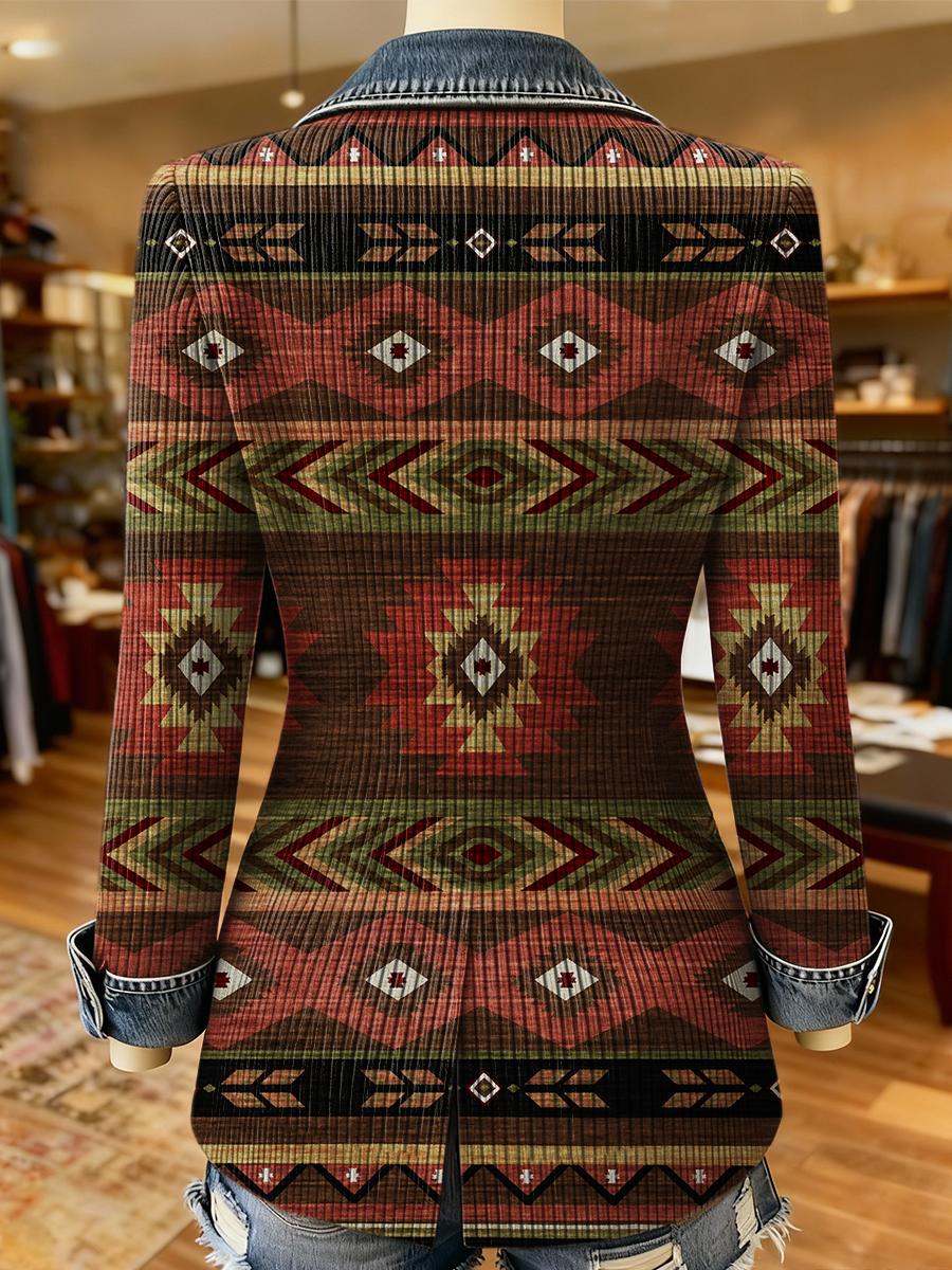 Vintage Aztec Art Print Patchwork Denim Sweater Cardigan Coat