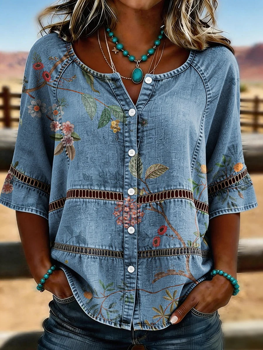 Vintage Art Print Casual Hollow-out Denim Shirt