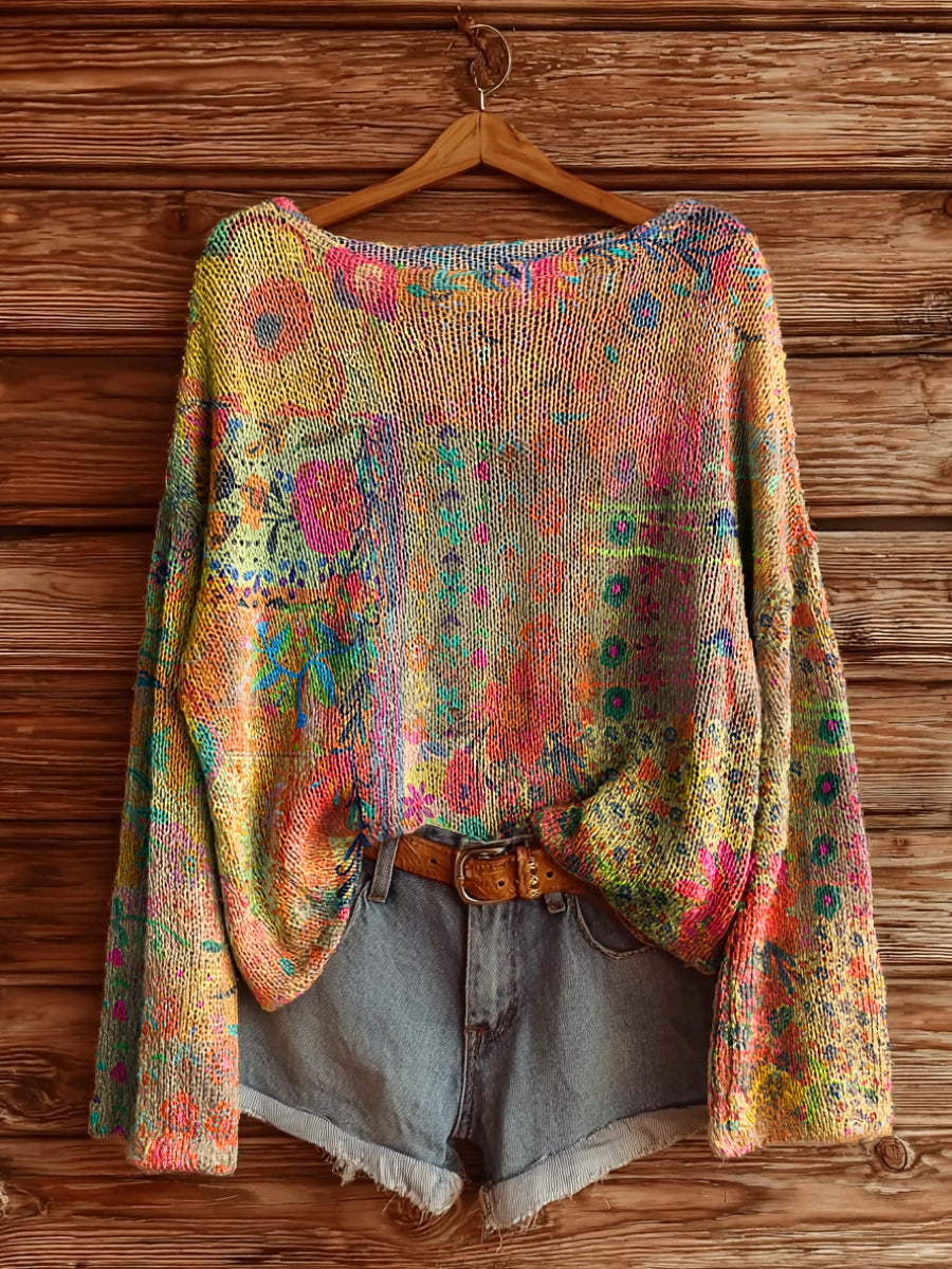 Women's Watercolor Bohemian Floral Collage Print Casual Pullover Sweater